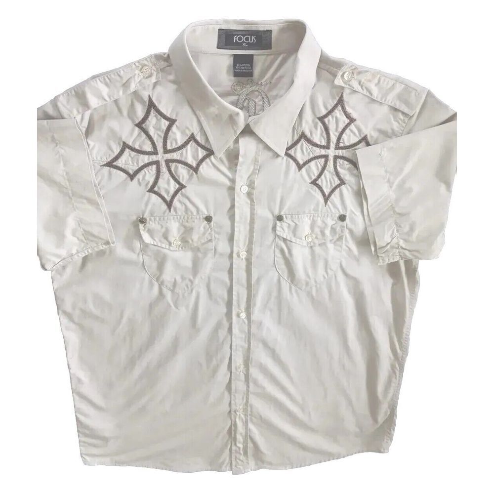 Focus Men Long sleeved Shirt  XL Massive Embroidered‎ 2 Blended Fabric Beige